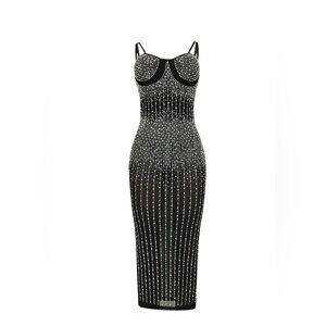 Black & Silver Women's Rhinestone Mesh Body-Con Dress P2P 18”